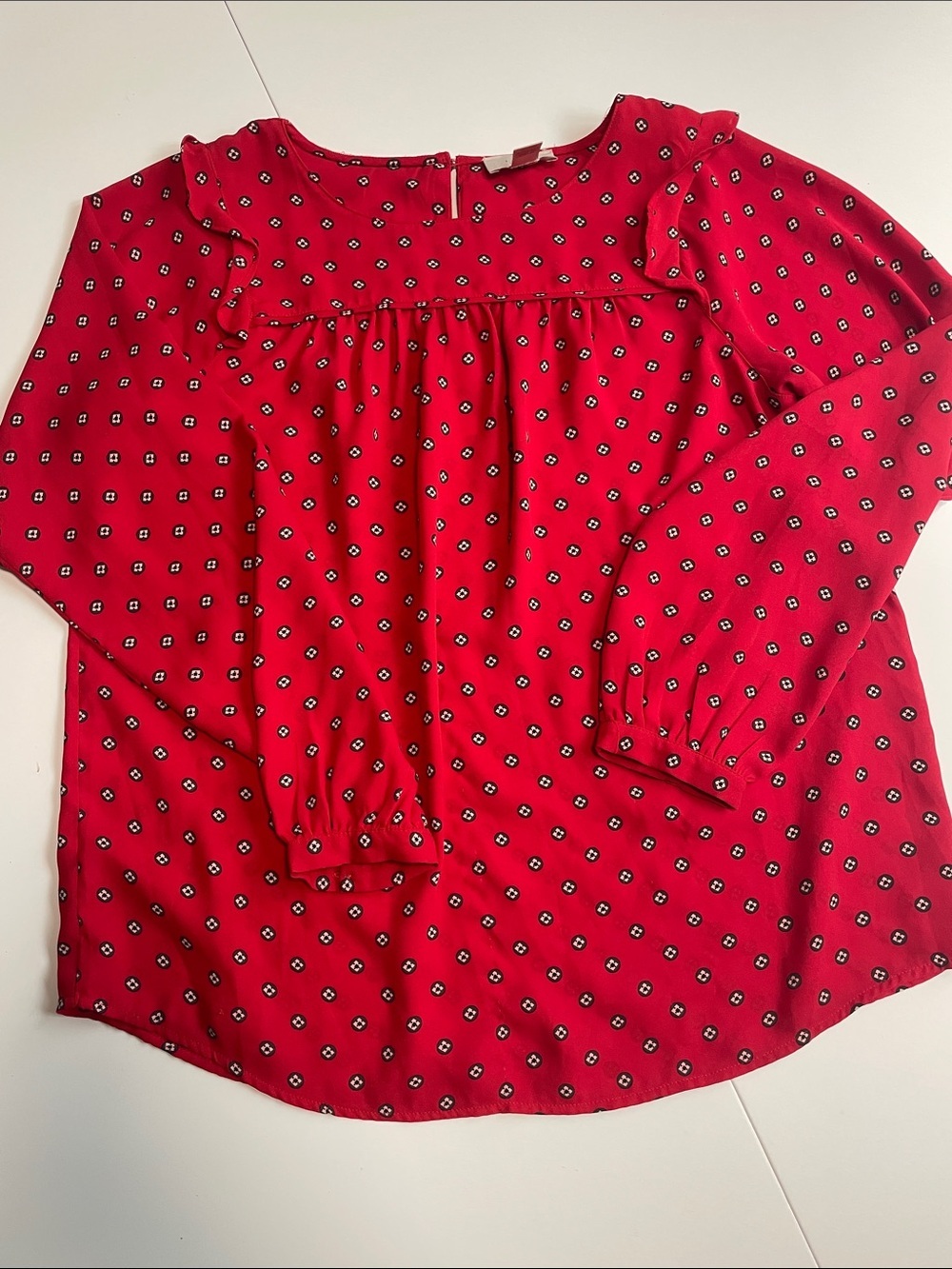LOFT Red Printed Ruffle-Yoke Long-Sleeve Blouse